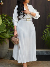 Solid Color V-Neck Pleated Dress with Belt